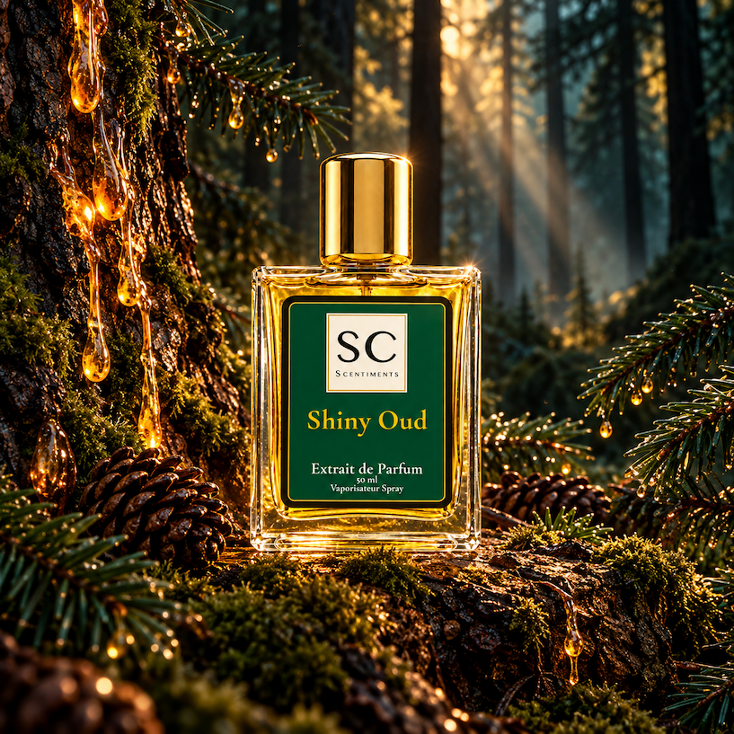 Shiny Oud von Scentiments – Flakon im dunklen Tannenwald mit Harz und Moos